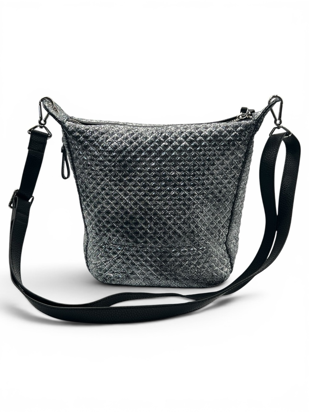 Vera BradleyCarson Silver Black Metallic Quilted Crossbody Hobo Bucket Bag Purse - Picture 5 of 10